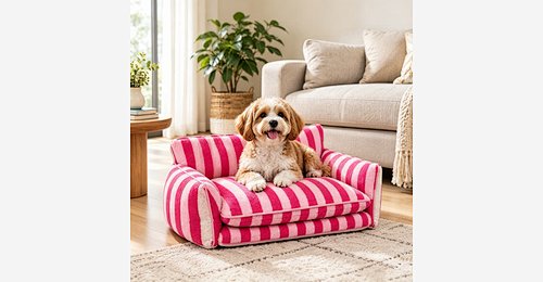 Custom Striped Pet Sofa Bed | OEM & ODM Faux Lamb Wool Dog & Cat Sofa Bed with Removable Cover - Model MJ-PET002 | Mingjin Puf China