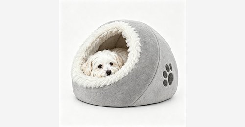 Custom Covered Cat & Dog Bed | OEM & ODM Light Grey Plush Cave Bed with Paw Print - Model MJ-PET003 | Mingjin Puf China